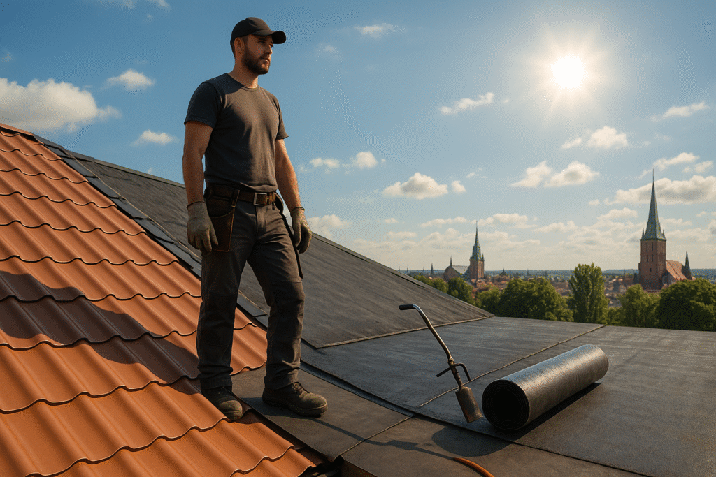 Dekarz montujący blachodachówkę obok rolki papy na dachu