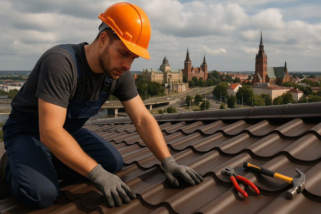 Dekarz z Szczecina sprawdzający dach pod kątem uszkodzeń