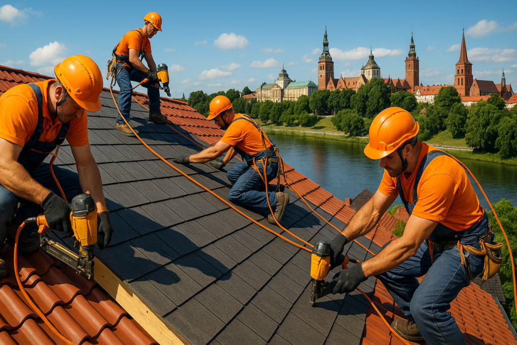Dekarze z Roofers Folding Group remontują dach w Szczecinie przy użyciu technik linowych
