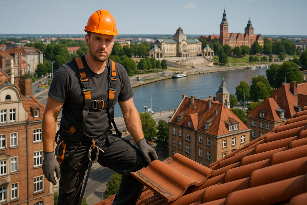 Dekarz w uprzęży alpinistycznej naprawiający dach na budynku w Szczecinie