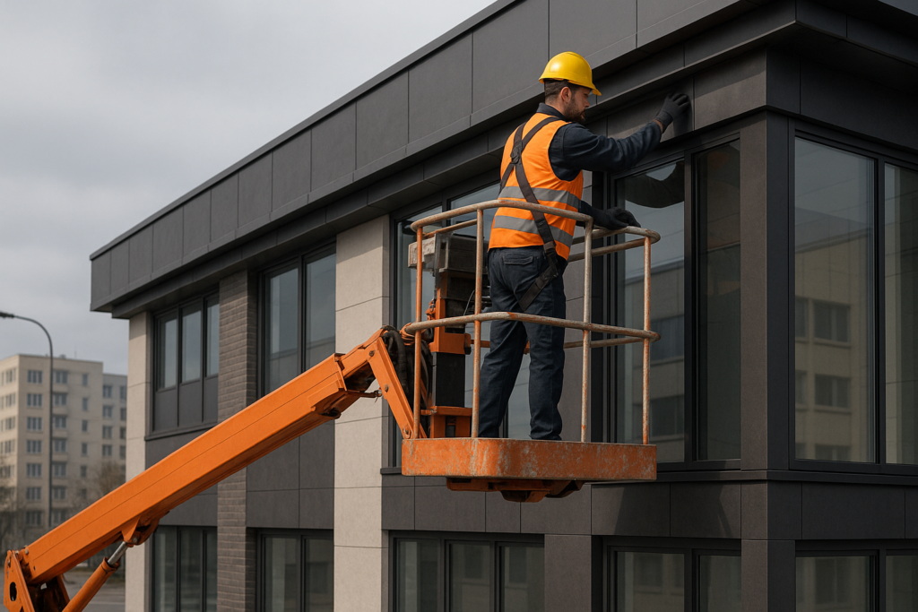 Podnośnik koszowy przy budynku podczas prac na wysokości